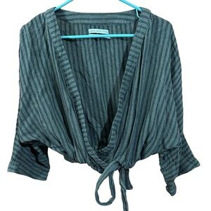 Urban Outfitters Womens Linen Blend Stripe Crop Faux Wrap Top sz Large